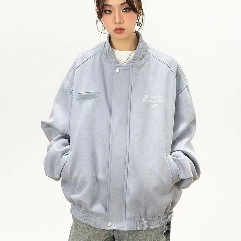 Jaqueta americana de camurça falsa feminina, casaco solto casual de rua com gola entalhada, manga comprida, zíper, vintage, beisebol, estilo preppy, roupa externa