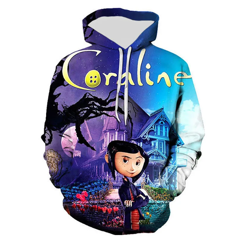 Cartoon Anime Coraline 3D Print Hoodies Men Women Casual Oversized Pullovers Y2k Harajuku Hooded Sweatshirts Kids Tops Clothing