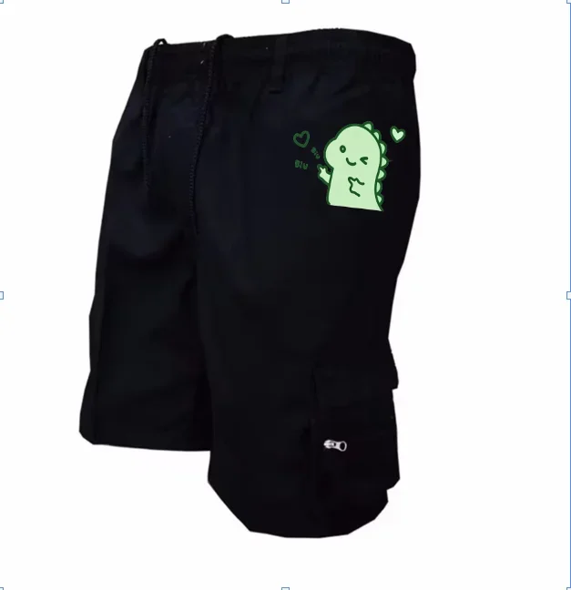 Men's Cute Green Dinosaur Print Cargo Shorts Elastic Waist Drawstring Multi Zipper Pockets Casual Summer Short Pants