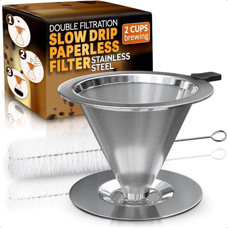 

Капельница для кофе из нержавеющей стали 3,18x4,48 дюйма с большой пластиковой ручкой, широким надежным основанием и кистью