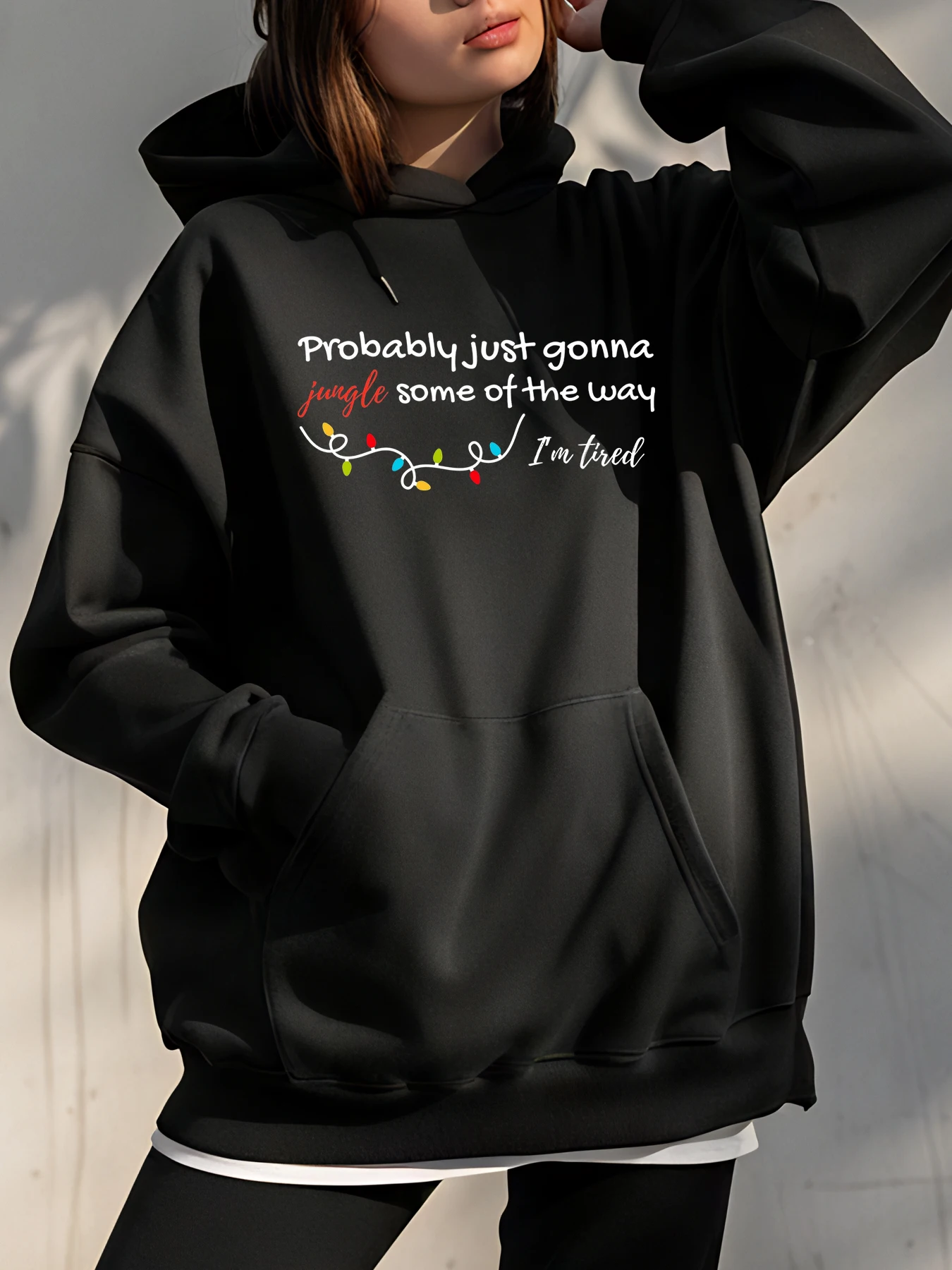 

Holiday Hoodie with Festive Lights Print and Relatable Quote for Casual Wear in Winter Settings