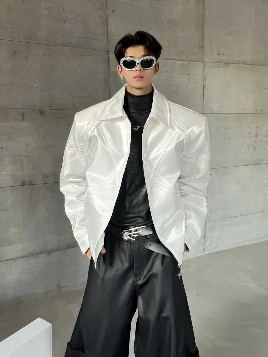 

Ace Tailors Men's Silk Shoulder Pad Jacket Deconstructed Design Glossy Surface CleanFit Advanced Feeling Pioneer Coat