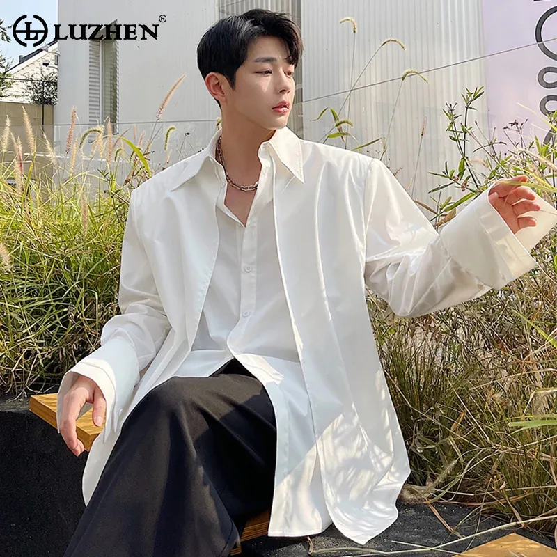 

LUZHEN Fake Two Piece Splicing Design Plain Long Sleeve Shirts Original Men's Handsome Stylish Elegant Street Men's Tops LZ3304