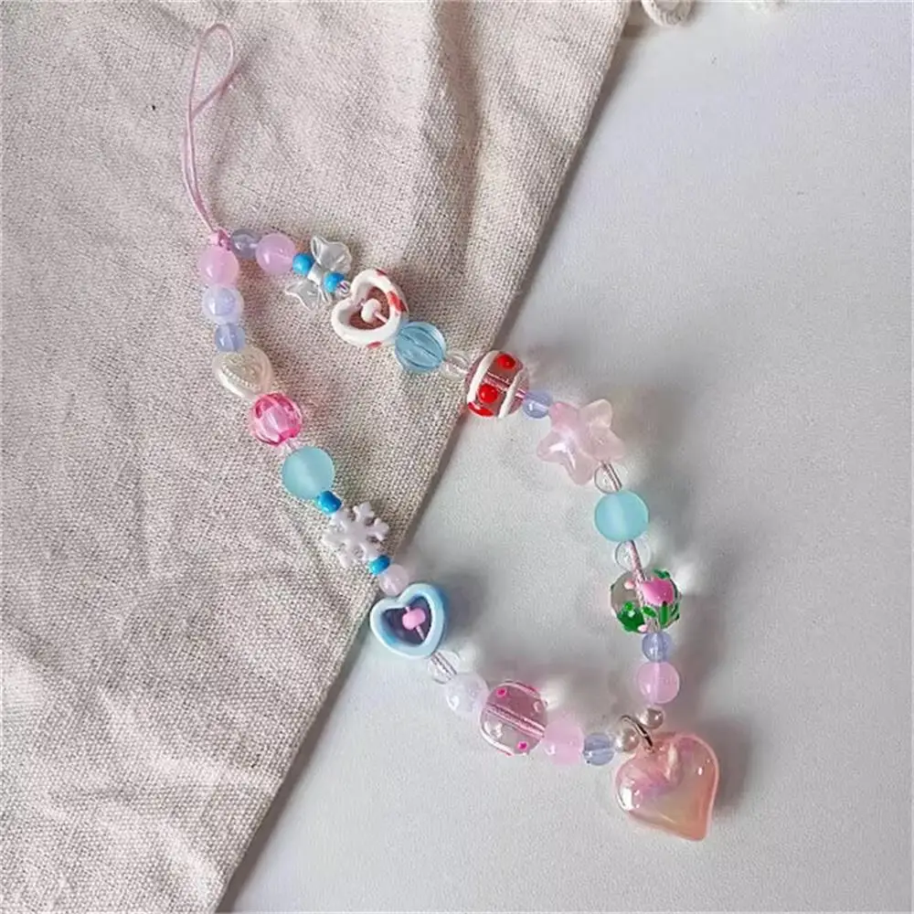 Korean Cute Pink Blue Love Heart Beaded Phone Chain Charm Lanyard For iPhone CCD Camera Decorated With Anti-Loss Lanyard