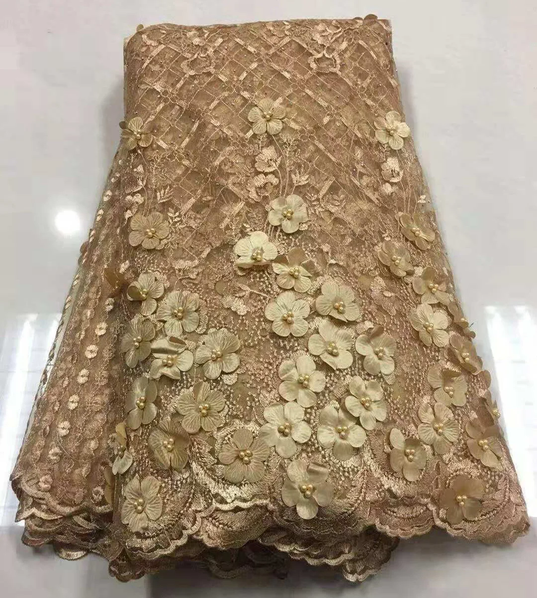 

Gold french lace fabrics Latest elegant 3d appliques tulle mesh lace fabric with beads nigerian lace 5yards Z81