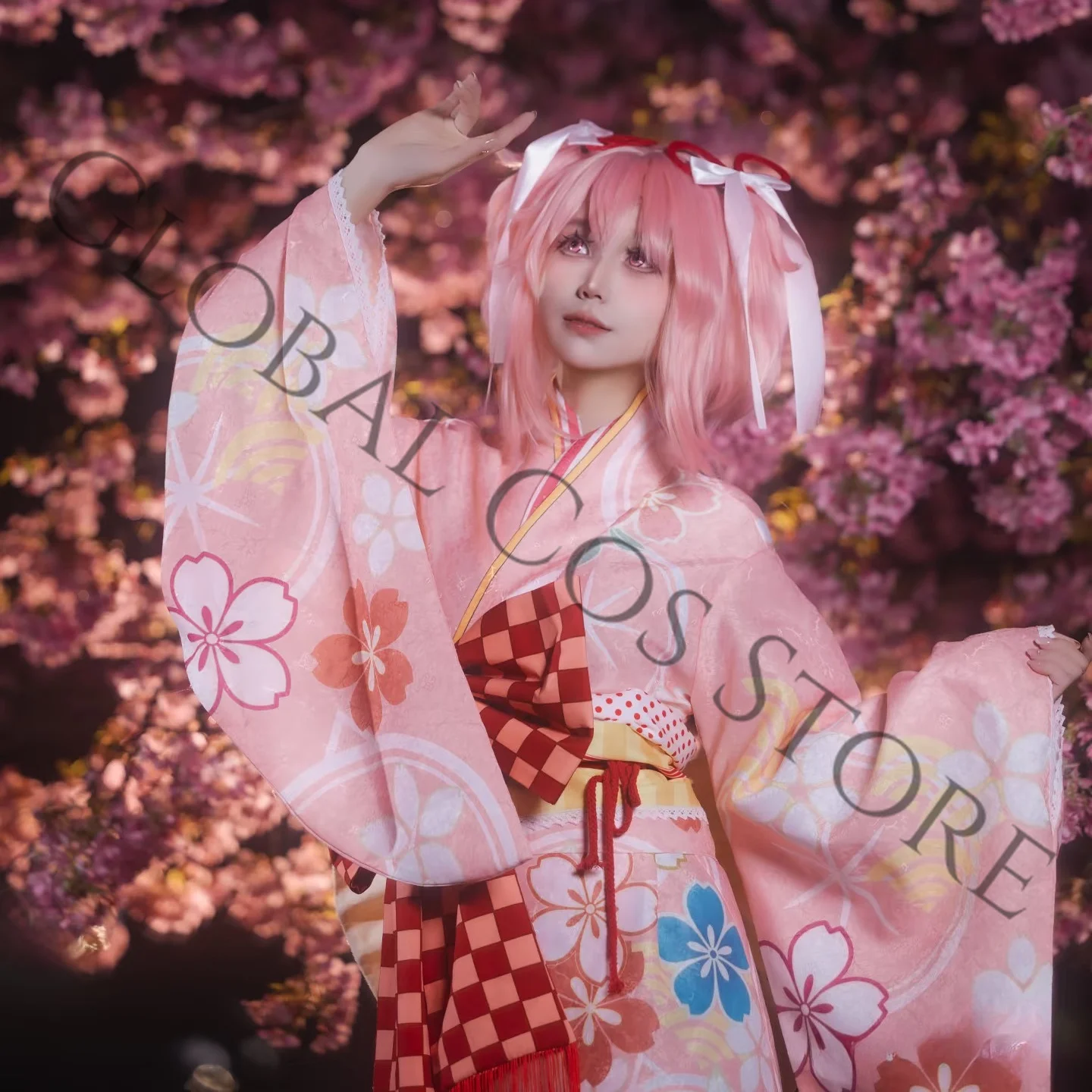 

Pink Kimono Costume Traditional Japanese Details Kaname Madoka Cosplay Sleeve Floral Design Bow Anime Puella Magi Madoka Magica