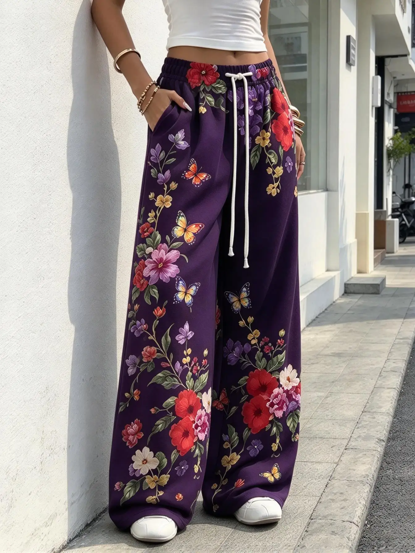 Ladies Low Rise Wide Leg Sweatpants Vintage Floral Butterfly Print Graphic Loose Boho Streetwear Pants