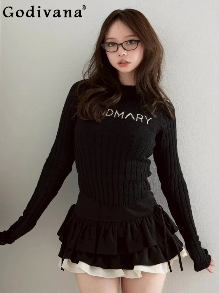 

Spring and Autumn Sweater New Japanese Sweet Fashion Letter Embroidery Slim Elegant Knit Pullover Women's Long Sleeve Knit Top