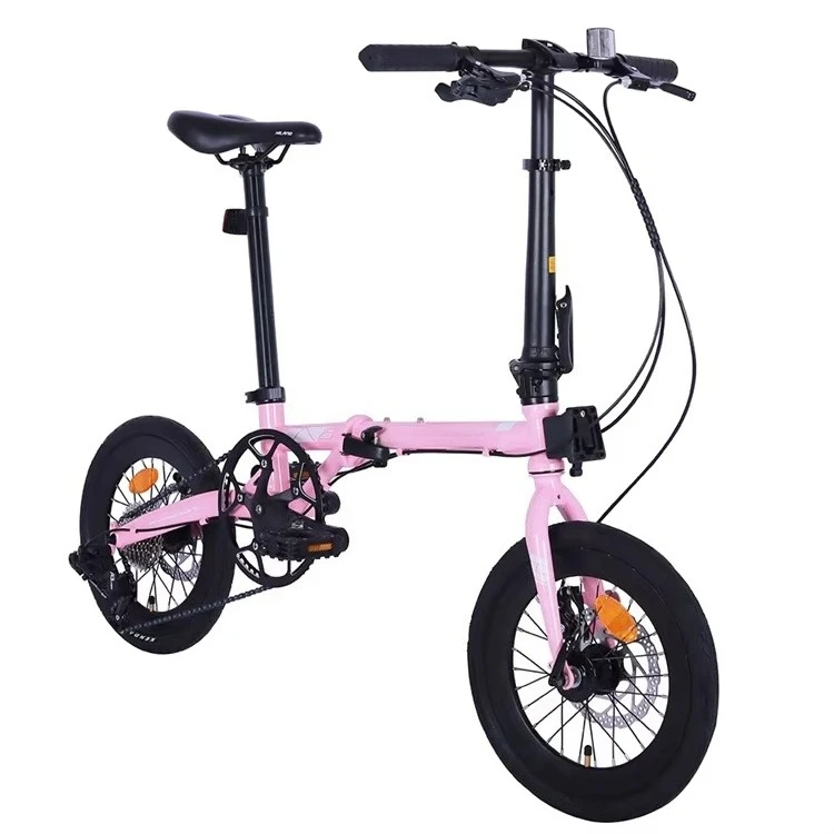 For 16 Inch Women's Mini Folding Bike OEM Light Weight Steel Fork 7 Speed Gears Disc Brake Aluminum Wheels 120kg Load
