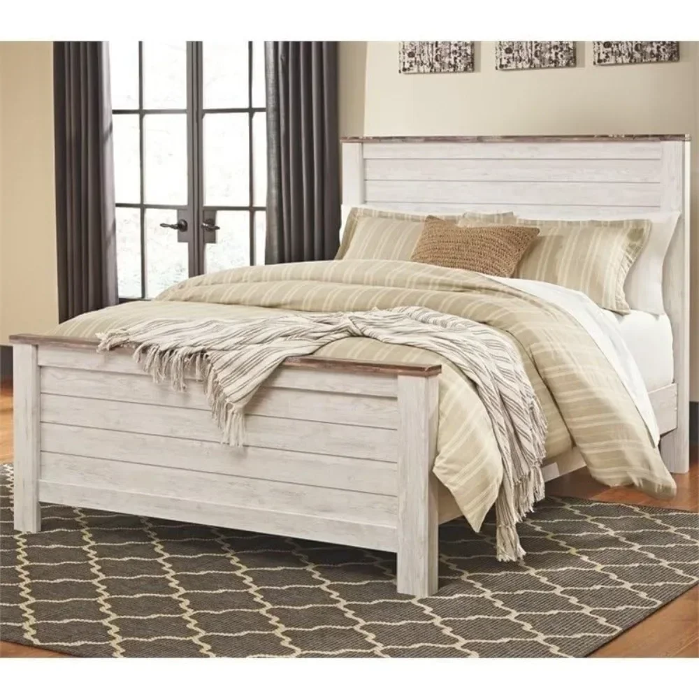 Queen Size Panel Bed with Headboard, Footboard in Wood, in White, No Box Spring Needed, Easy Assembly