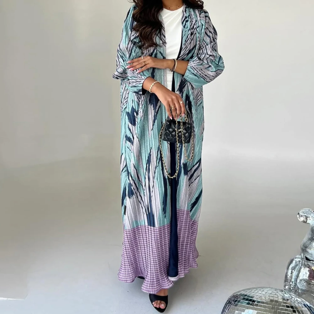 

Ближневосточная печать с цветочным принтом, двухслойная Абая, мусульманская женская Абая с длинным рукавом и открытой передней частью, абайи, исламские кафтаны, платья макси, джилбабс