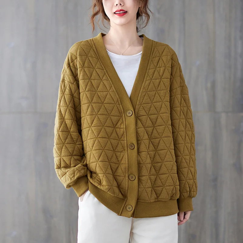 Autumn Winter High Premium Solid Color Diamond lattice Cardigan Women's 100% Clamp Cotton Tops V-neck Loose Korean Coat Jacket