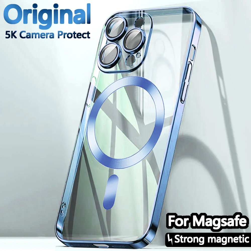 Original Clear Plating Cover For Apple Magnet Magsafe Case Iphone 15 14 Plus 13 12 11 Pro Max X Xs Xr 5K 10H Glas Camera Protect