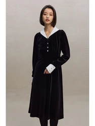 ZIQIAO French Style Hepburn Black Velvet Dress For Women Fall Winter New Design Medium-length A Line Long Black Dress 23ZQ94320