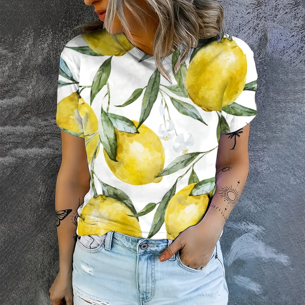 Refreshing Fruit Lemon Pattern Printing Daily Fallow Style Women\'s Sumer Clothes Oversized T-shirt Short Sleeve Comfortable Tops