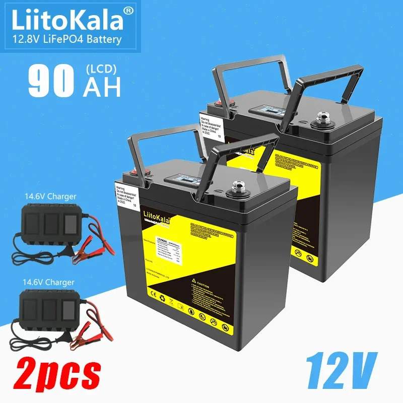 2 PCS LiitoKala 12.8V 90Ah LiFePO4 Battery Pack for 24V 90Ah/12V180Ah Waterproof Solar Camper Yacht Inverter Engine Motorcycle