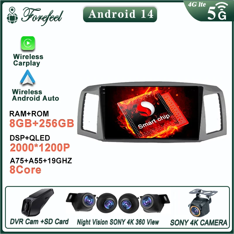 

Android 14 для Jeep Grand Cherokee 2004 2005 2006 2007, мультимедийный автомобильный монитор, GPS-плеер, экран, радионавигация, без DVD-регистратора