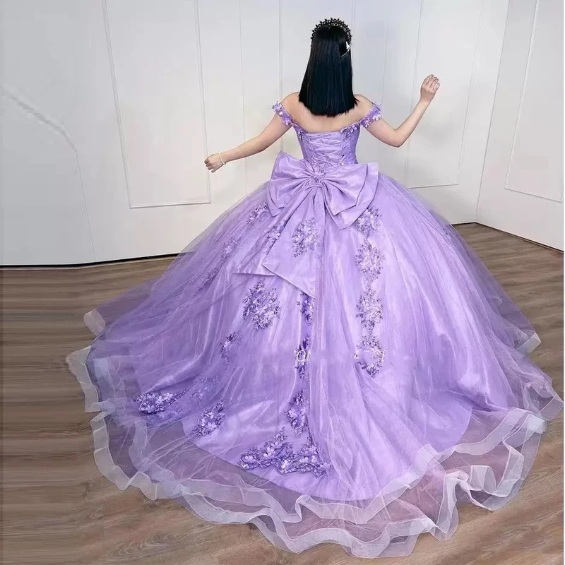 ANGELSBRIDEP-Vestidos Quinceanera com Laço Grande, Vestidos Princesa, Apliques de Flores 3D, Cinderela Lilás, Sweet 16, 15 Anos