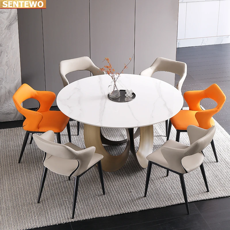 Designer Luxury round Marble Rock Slab dining table set 8 chairs mesa de jantar comedor a manger tablo Stainless steel gold base