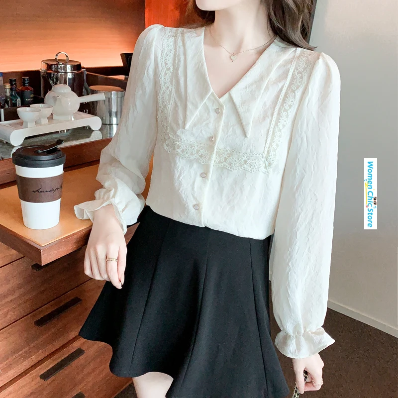 

French Style Sweet Lace Spliced Long Sleeve Apricot Shirt Women Tops Spring Fall Elegant Chic Loose Casual Blouses Camisas 6561
