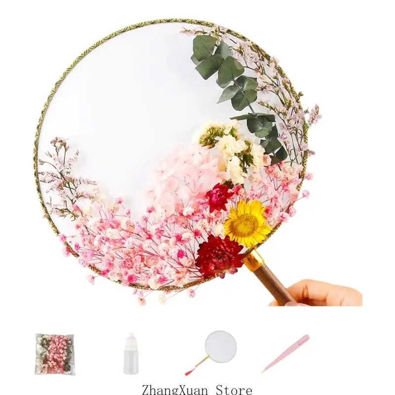 Chinesisches Blumen-Handfächer-Set mit Holzgriff für Regalpräsentation, Raumakzent, beruhigendes Gestalten, Geschenkgebrauch und – Detail 7