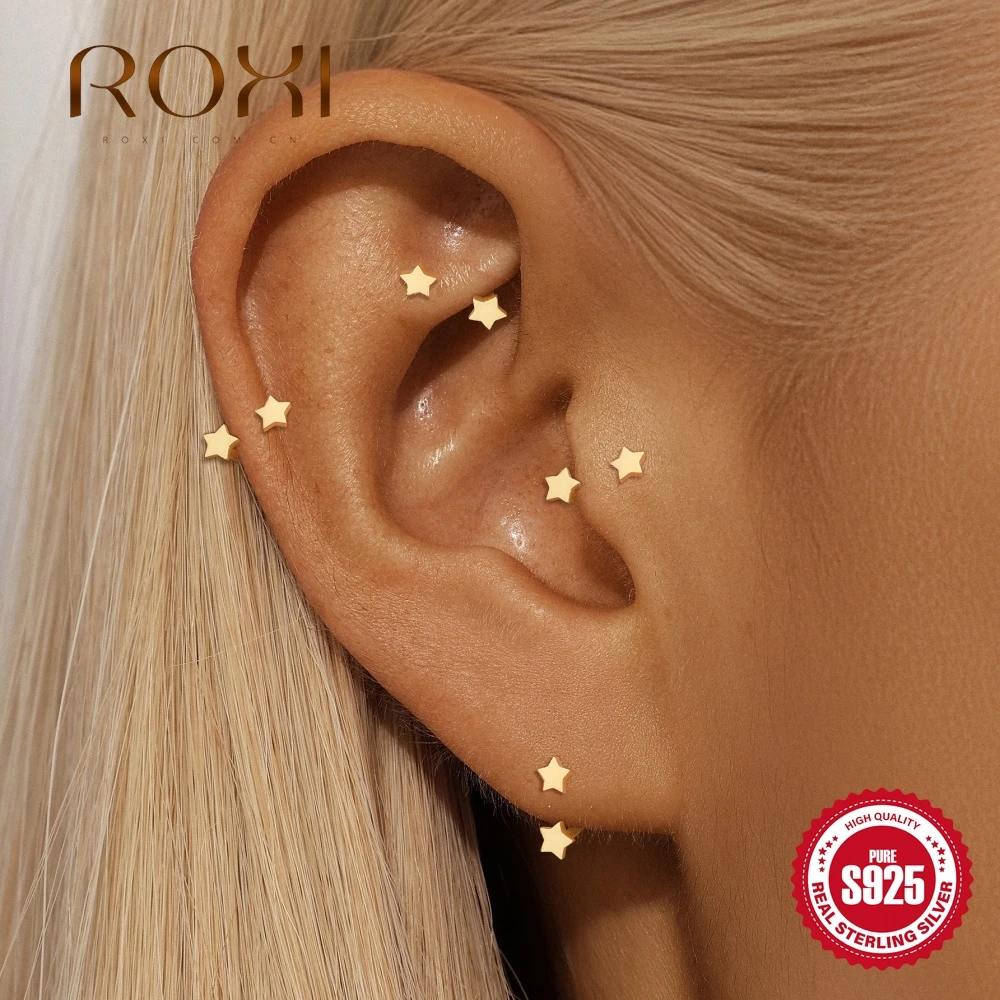 ROXI 1PC Gold S925 Silver Dainty Multi Shape CZ Cartilage Stud Tiny Star Tragus Piercing Aesthetic Earring Daily Occasion Wear