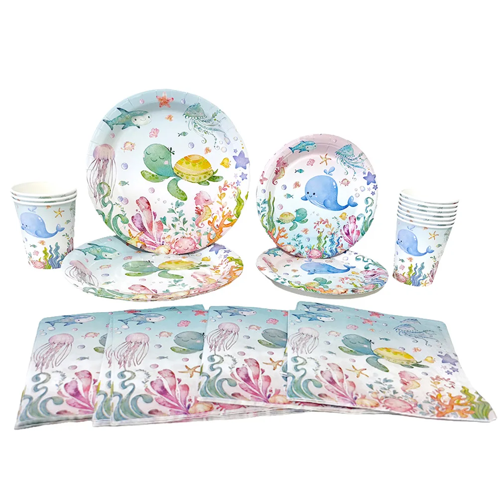 Marine Animal Turtle Whale Pattern Disposable Tableware Paper Plates Cups Napkins Kids Favor Ocean Birthday Party Decor Supplies