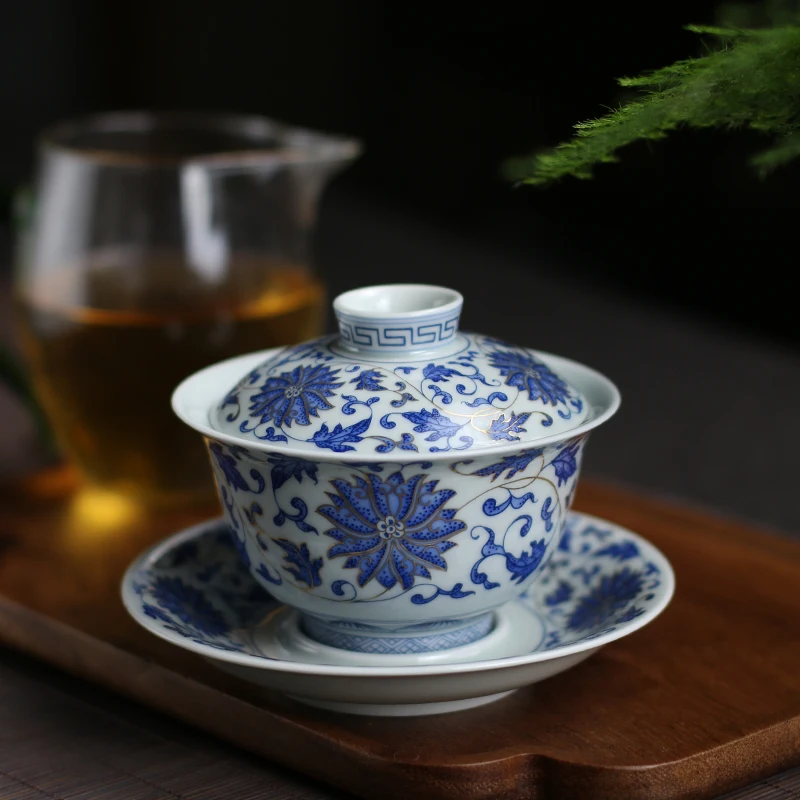 

Real Chinese Retro Jingdezhen Gaiwan Gaiwan Tea Brewing Bowl Ceramic Household Blue and White Porcelain Large Tea Bowl