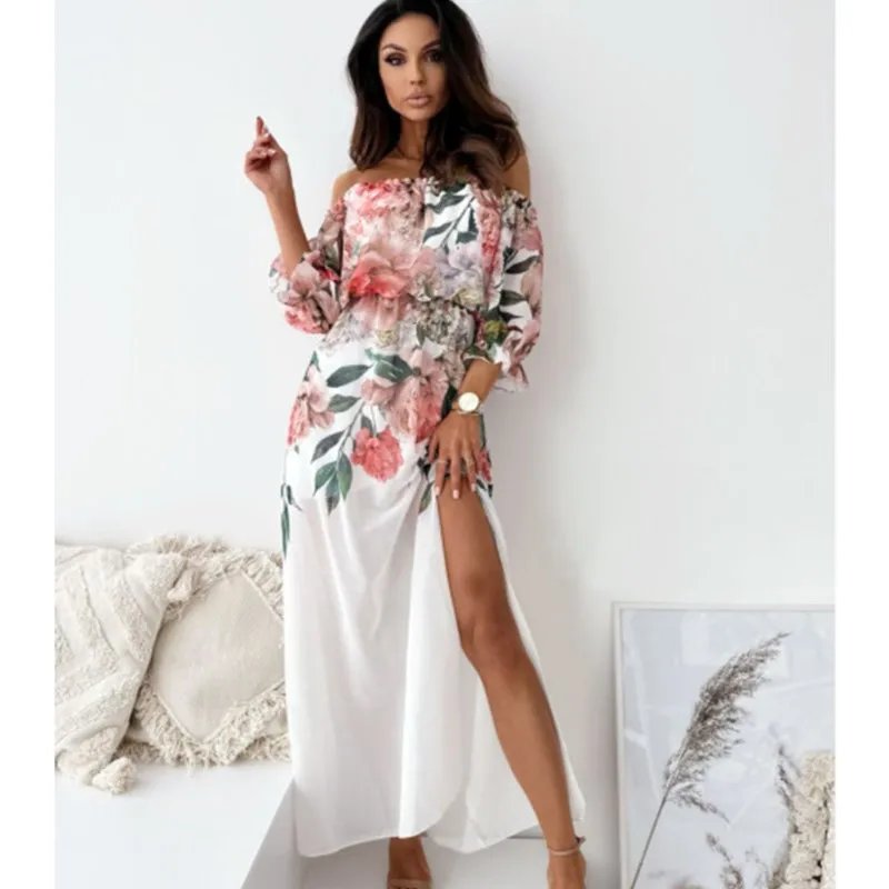 2024 Elegant Women's Fashion Printed Dress New Women's Flower One line Neck Slim Fit Bottom Split Long Dress Women's elbise