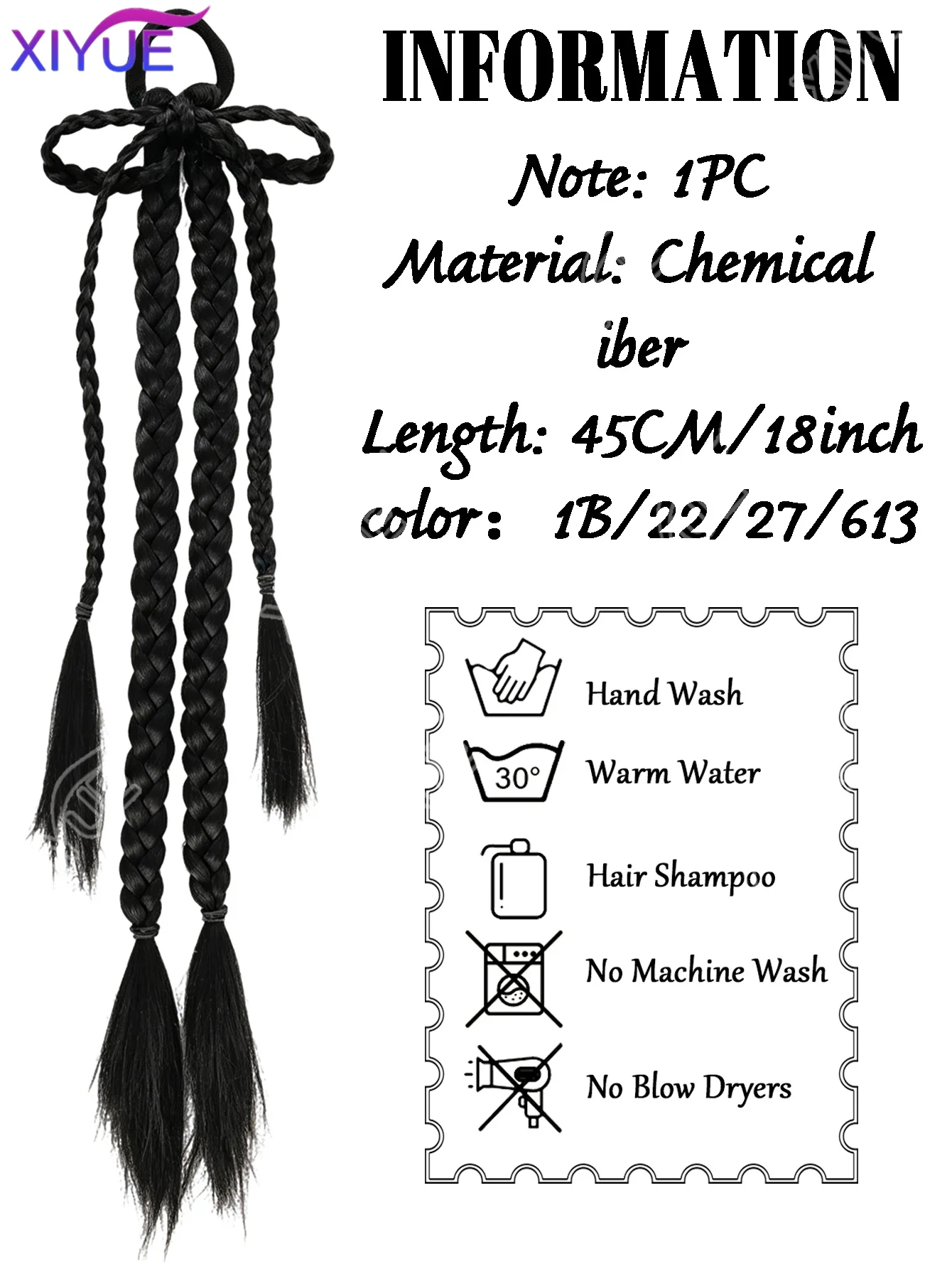 XIYUE bow Pigtails Wig Synthetic Extensions Ponytail 18inch Highlighted Boxer Braids with Rubber Band False Women Hairpiece XY