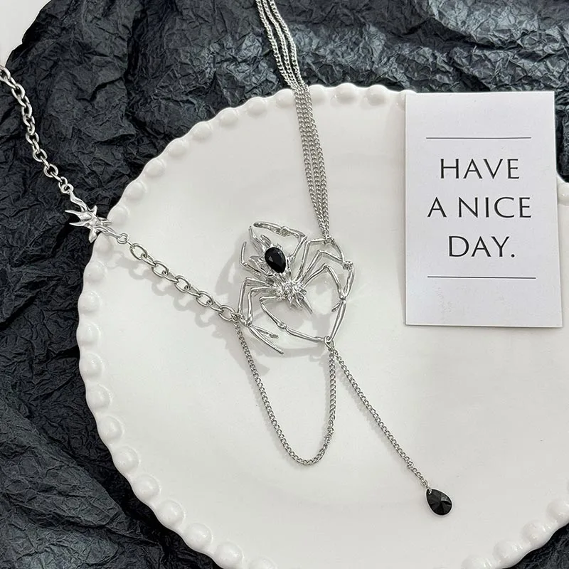 Silver Color Black Crystal Tassel Hanging Spider Pendant Layered Chain Necklace for Women Goth Halloween Y2K Jewelry Streetwear