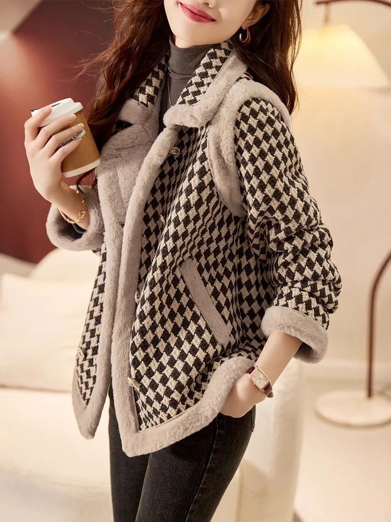 MiiiiX Classic Houndstooth Short Quilted Coat Women Outerwear 2024 Winter New Notched Loose Thickened Jacket Top Female Clothes