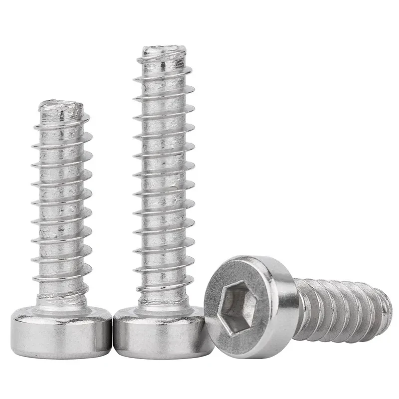 M1.7-M6 304 Stainless Steel Hexagonal Socket Self Tapping Screws / HB Drive Thin Round Cylindrical Head Flat Tail Screws A2-70