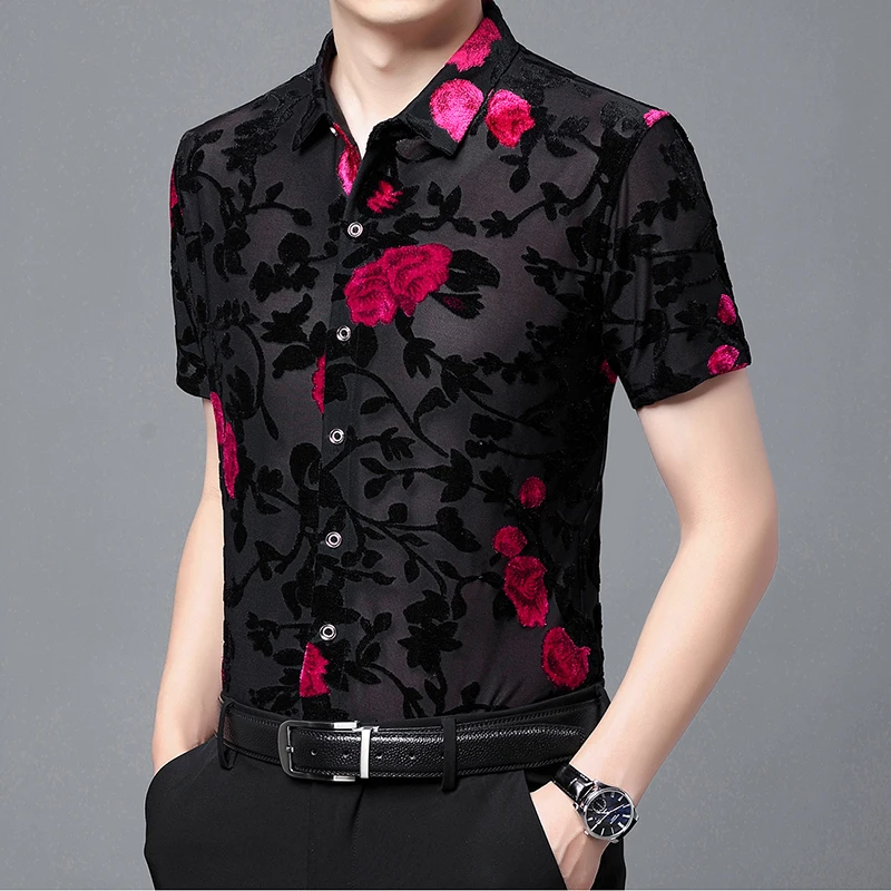 Carved Red Flower Pattern Fashion Slim Fit Short Sleeve Shirt Men Summer Quality Velour Hollow Breathable Camisa Masculina M-4XL