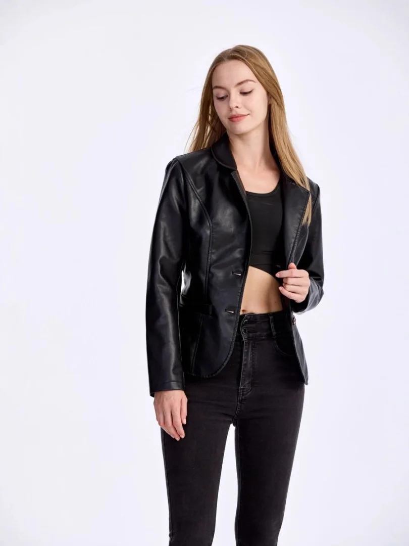 Korean version lapel PU leather jacket, women's slim fit, thin motorcycle suit jacket, autumn jacket, women's clothing