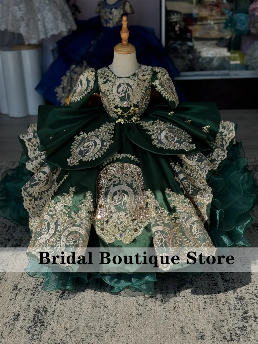 

Охотничье зеленое платье принцессы с цветочным узором для девочек, роскошное бальное платье с короткими рукавами и аппликацией в виде лошади, милое бальное платье на день рождения для младенцев, на заказ