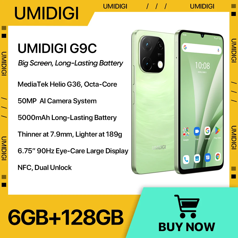 UMIDIGI G9C MTK Helio G36 Android 14 Smartphone 6+6GB 128GB 6.75” 90Hz HD+ Display 50MP Camera NFC 5000mAh Battery 18W Cellphone