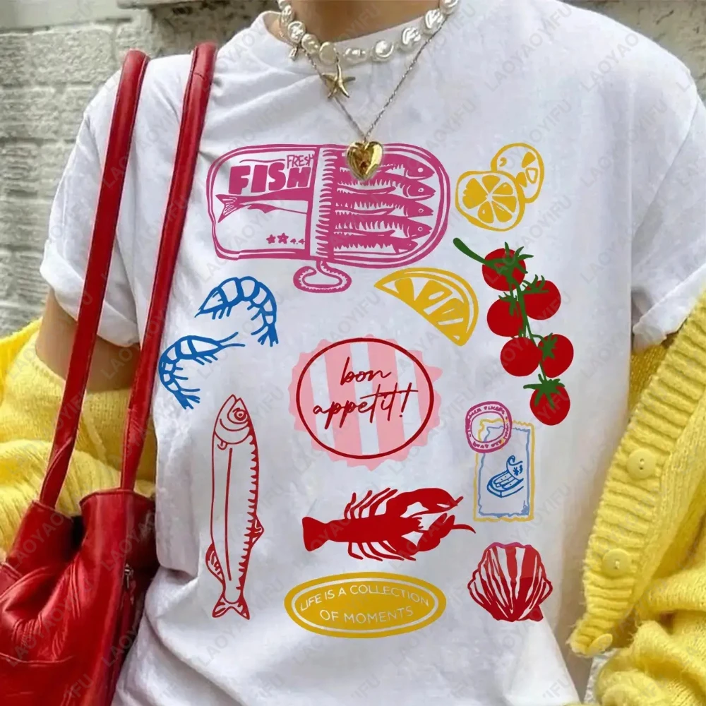 Vibrant Seafood and Fruit Print Lightweight Loose Summer Beach Shirt Crew Neck Breathable Top for Holiday & Daily Wear