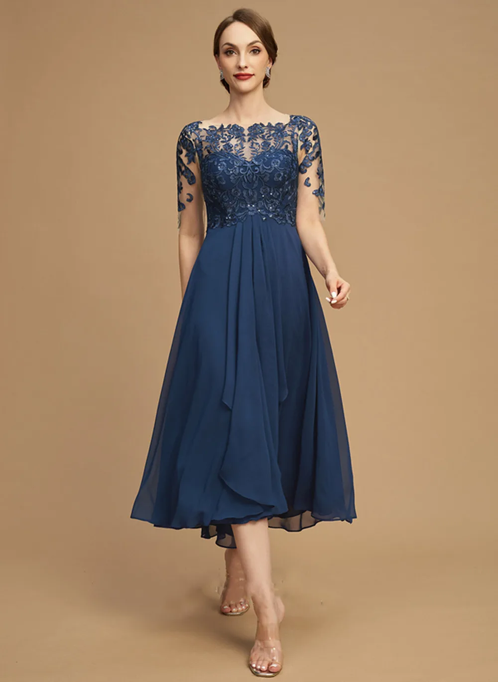 Robe en mousseline de soie à sequins pour femmes, demi-manches, longueur au genou, élégante, cérémonie de mariage, mère de la mariée, robe de soirée, été