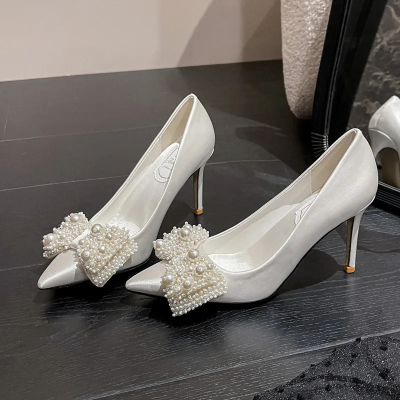 32-43 Bow High Heels Women White Wedding Shoes Bridesmaid Dress Banquet Pointed Shoes Stiletto White Heels