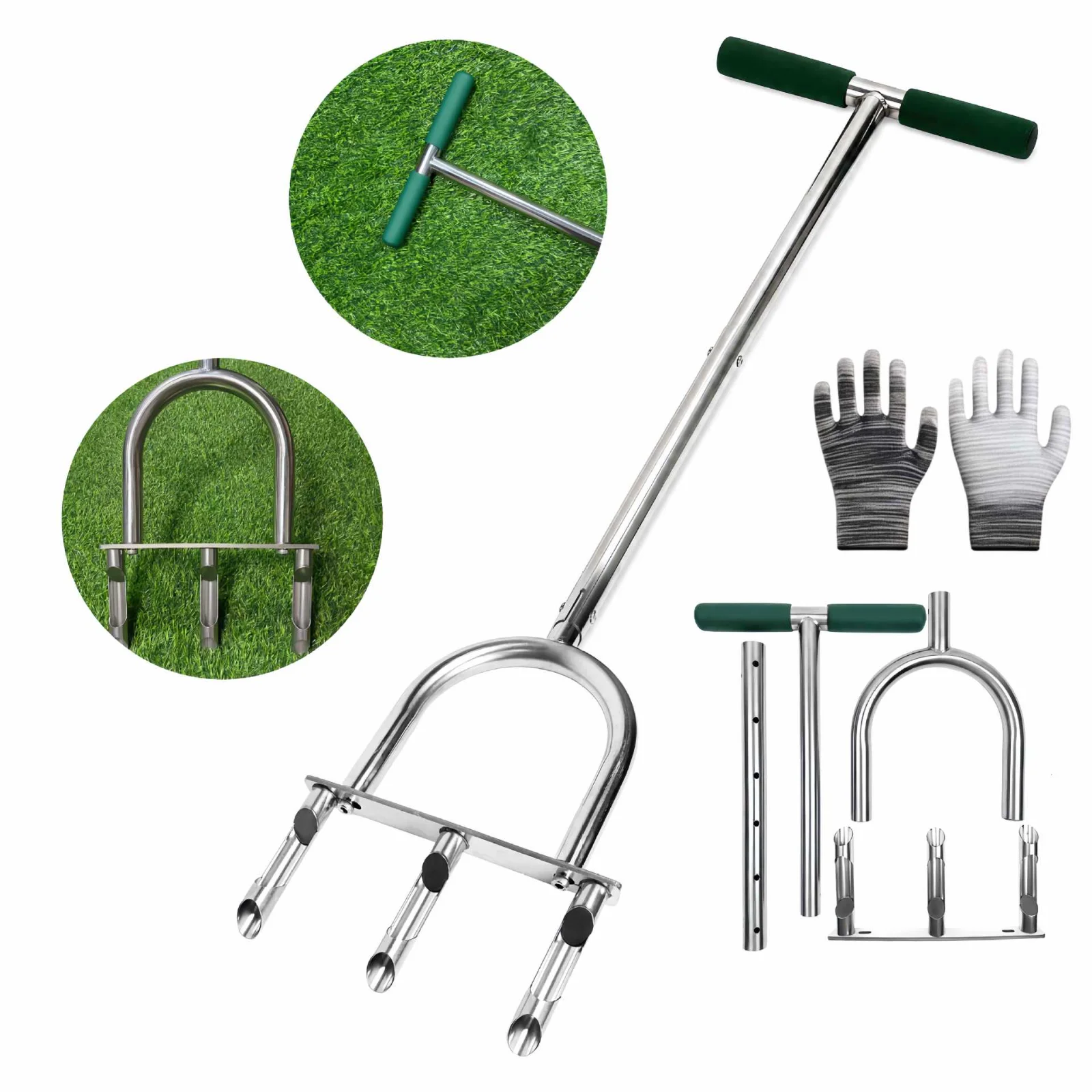 Manual Lawn Plugger with 3 Hollow Tines Stainless Steel Core Plugger Replaceable Tines Wide Foot Plate Tool for Compacted Soil
