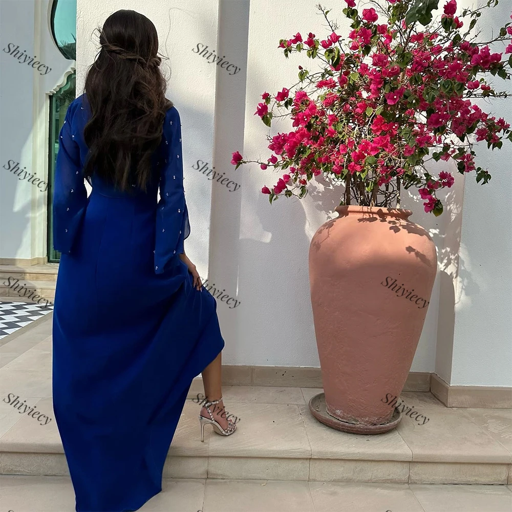 Royal Blue Sheath Evening Dress Elegant Jersey Long Sleeves  with Crystal Formal Occasion Gowns Floor Length Party Prom Dresses