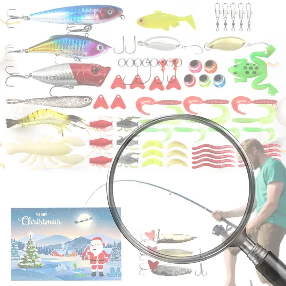 

Рыболовный адвент-календарь на 2024 год, 78 шт., мягкие приманки, блесны, минноу, 24 дня, обратный отсчет до Рождества