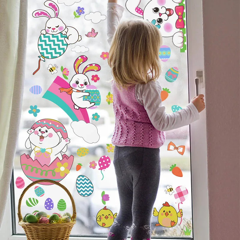 Easter Window Stickers Rabbit Eggs Carrot Wall Glass Sticker 2025 Happy Easter Party Decorations DIY Pvc Electrostatic Decals