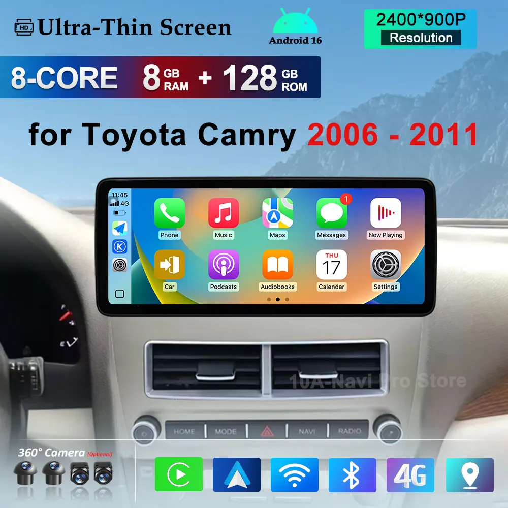 

12.3'' Беспроводной Carplay 4G Android 16 для Toyota Camry 2006-2011 GPS-навигация Автомагнитола Видео Мультимедийный плеер WiFi BT DSP