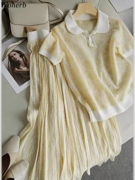 Jupe longue plissée à manches courtes et taille haute pour femmes, ensembles de tempérament d'été, vêtements patchwork, tenues, 2 pièces