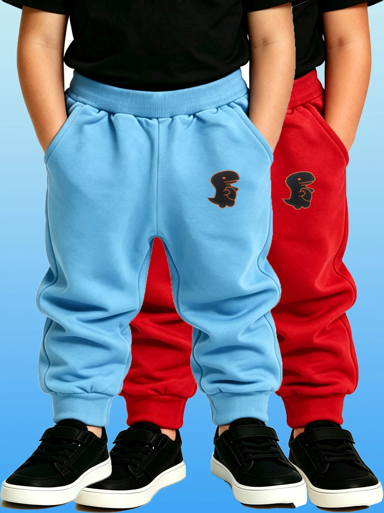 2PCS Kids Sports Pants SkyBlue & Red Dinosaur Print Joggers Casual Sweatpants for Boys & Girls Four Seasons Daily Wear Trousers