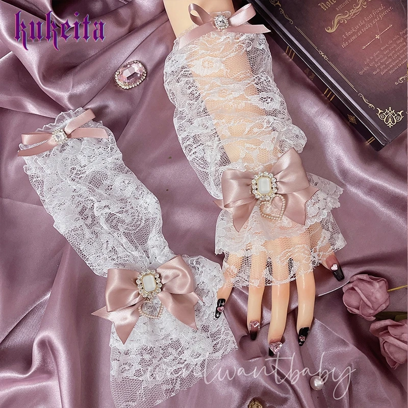 Y2k Aesthetic Gothic Lace Gloves Japanese Lolita Kawaii Bow Mesh Length Sleeves Fingerless Punk Gloves Cosplay Party Accessory