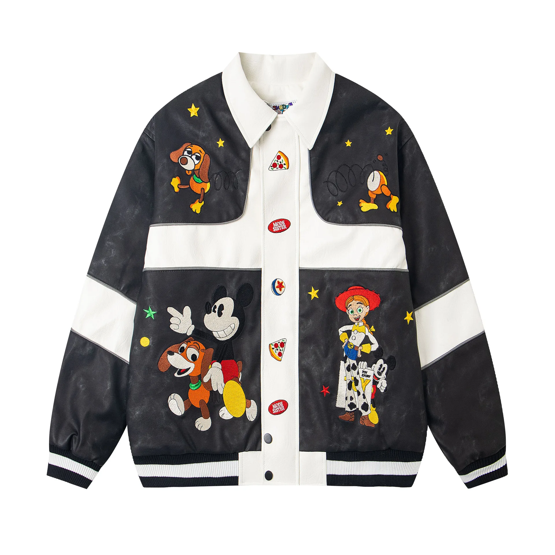 2025 الشتاء الرجعية الكرتون التطريز كتلة اللون سميكة بلوزات سترة بولي Leather الجلود بدوره إلى أسفل طوق معطف مبطّن بالقطن #3