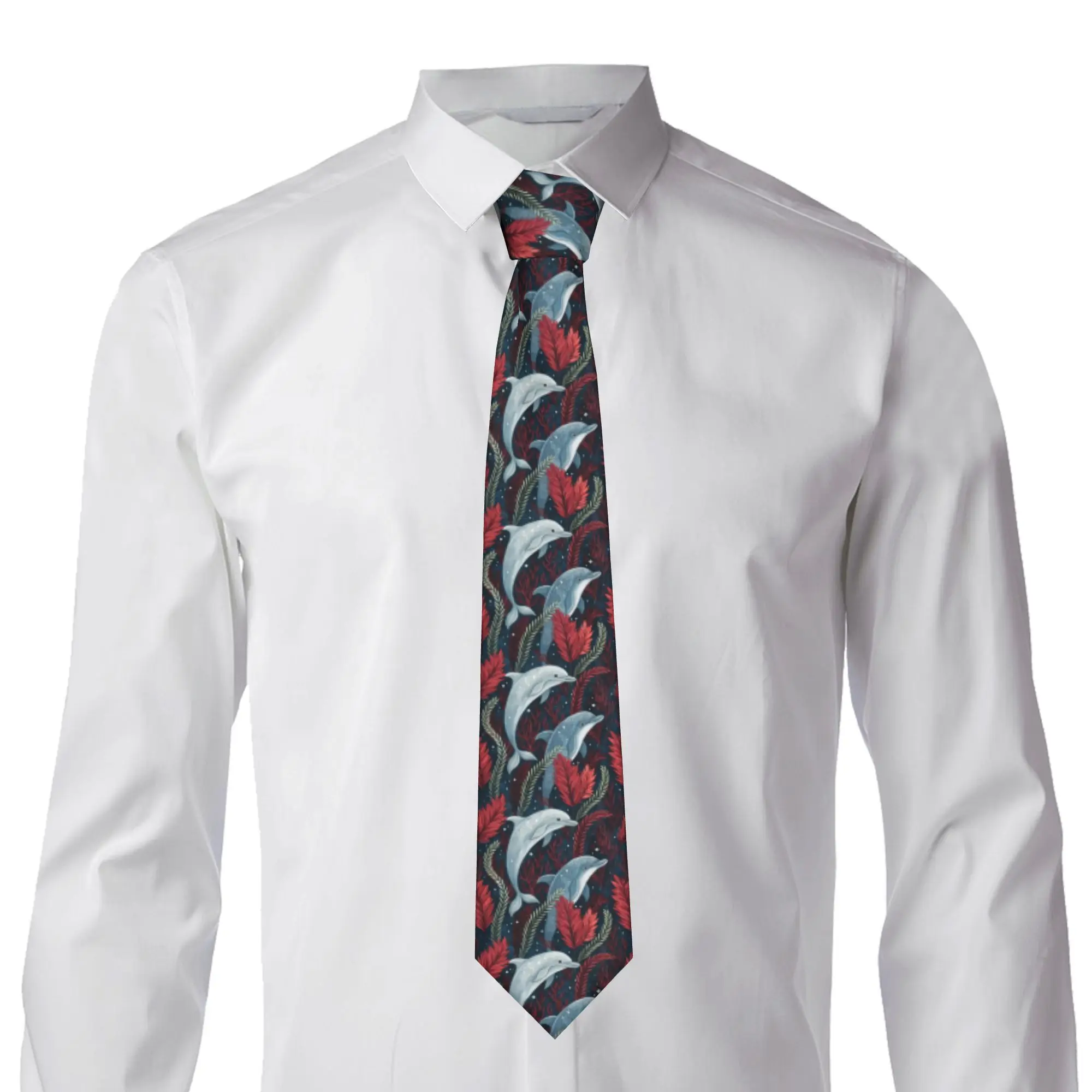 Playful Dolphins Dramatic  Neck Tie for Men Classic Glamour Vivid Red And Navy  Silk Business Neckties